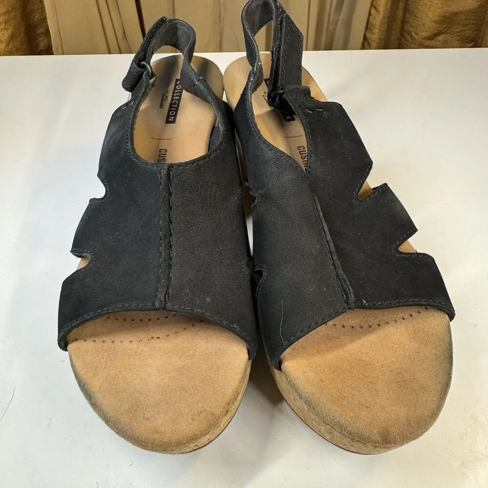 Clarks Sandals Womens Sz 7 M Annadel Bari Platform Wedge Slingback Black Cork